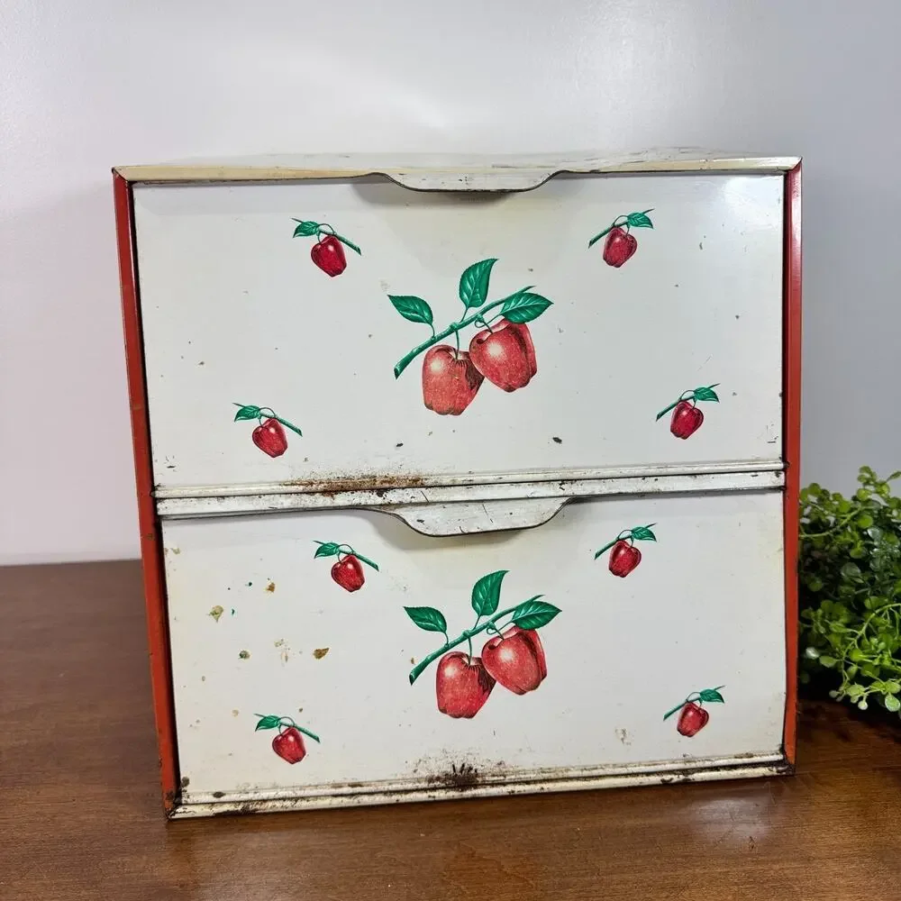 Vintage Decoware Double Decker Bread Box Apple Fruit Metal 2 Door MCM Primitive